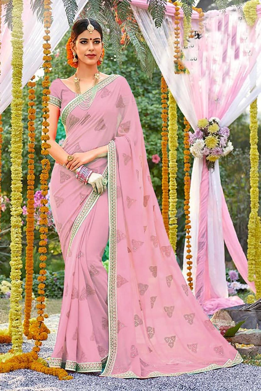 Vishal Prints Baby Pink Printed Georgette Saree With Border