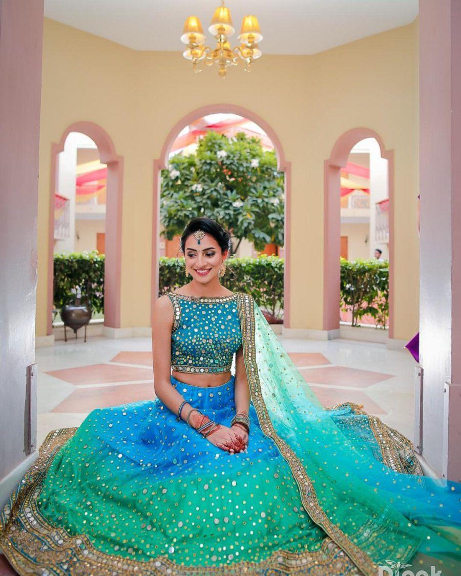 Stunning Parrot Yellow Pink Color Patchwork Lehenga With Boat Neck Blouse