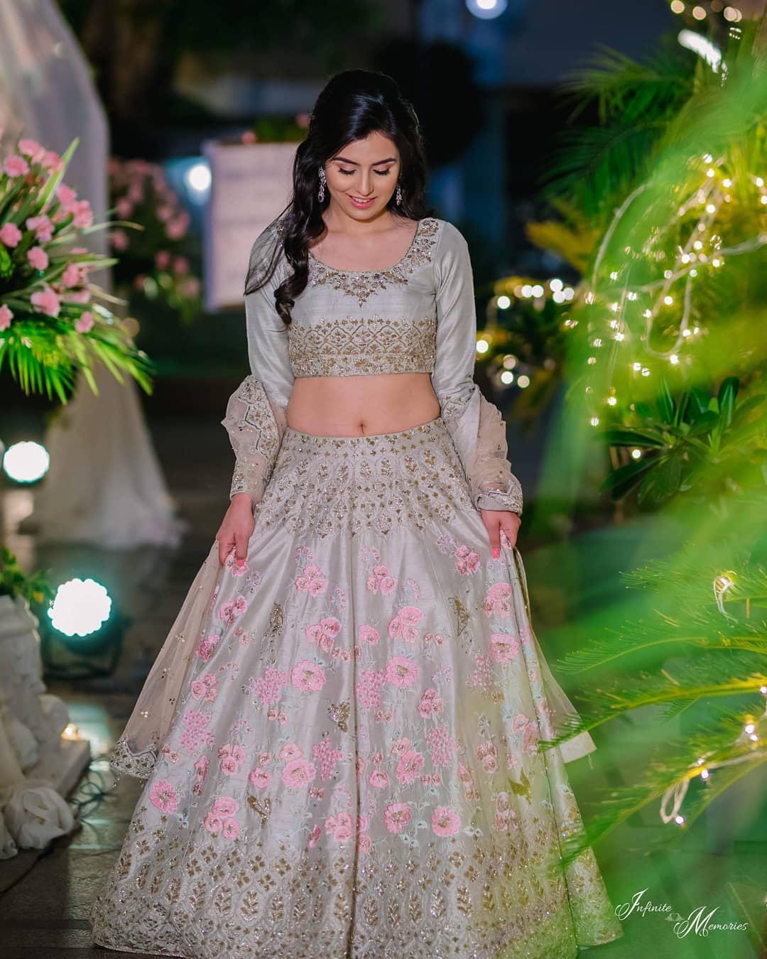 Dark Pink Sequined Lehenga With Grey Choli - Rent