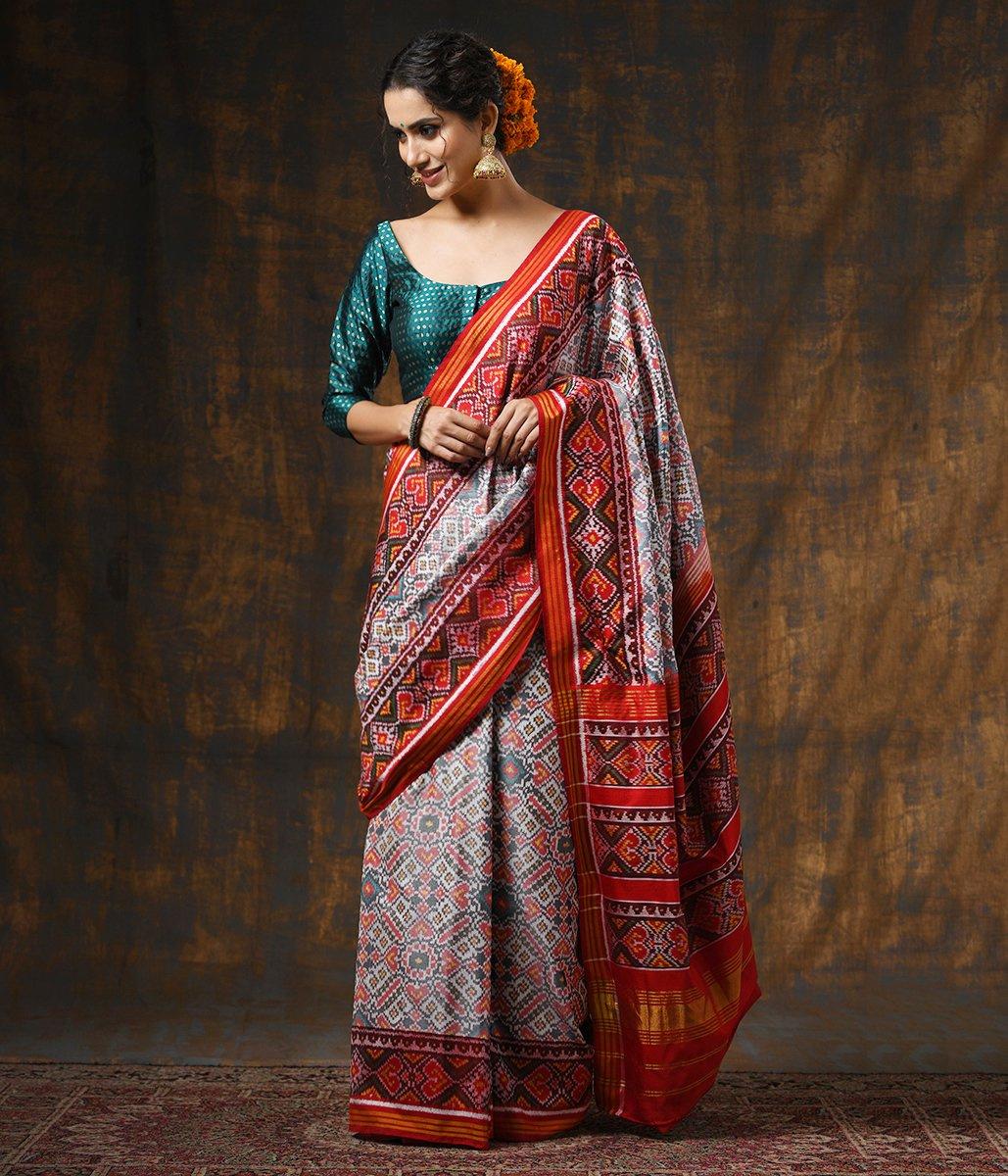 Green And Red Embroidered Gharchola Saree in Synthetic Gaji Silk – Khatri  Jamnadas Bechardas