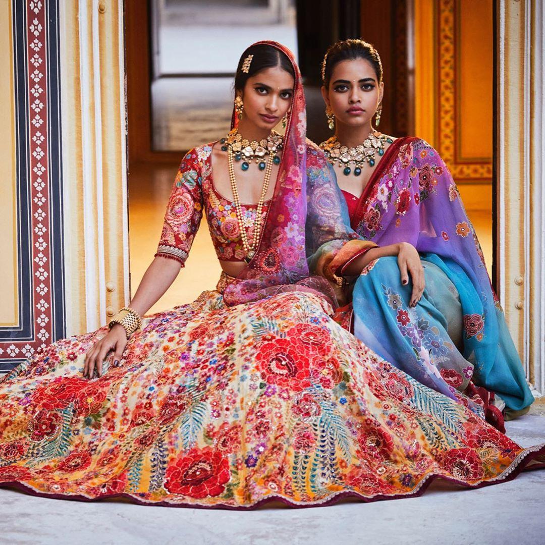 MULTI COLOUR BRIDAL LEHENGA WITH GORGETTE BLOUSE - Bawree Fashions