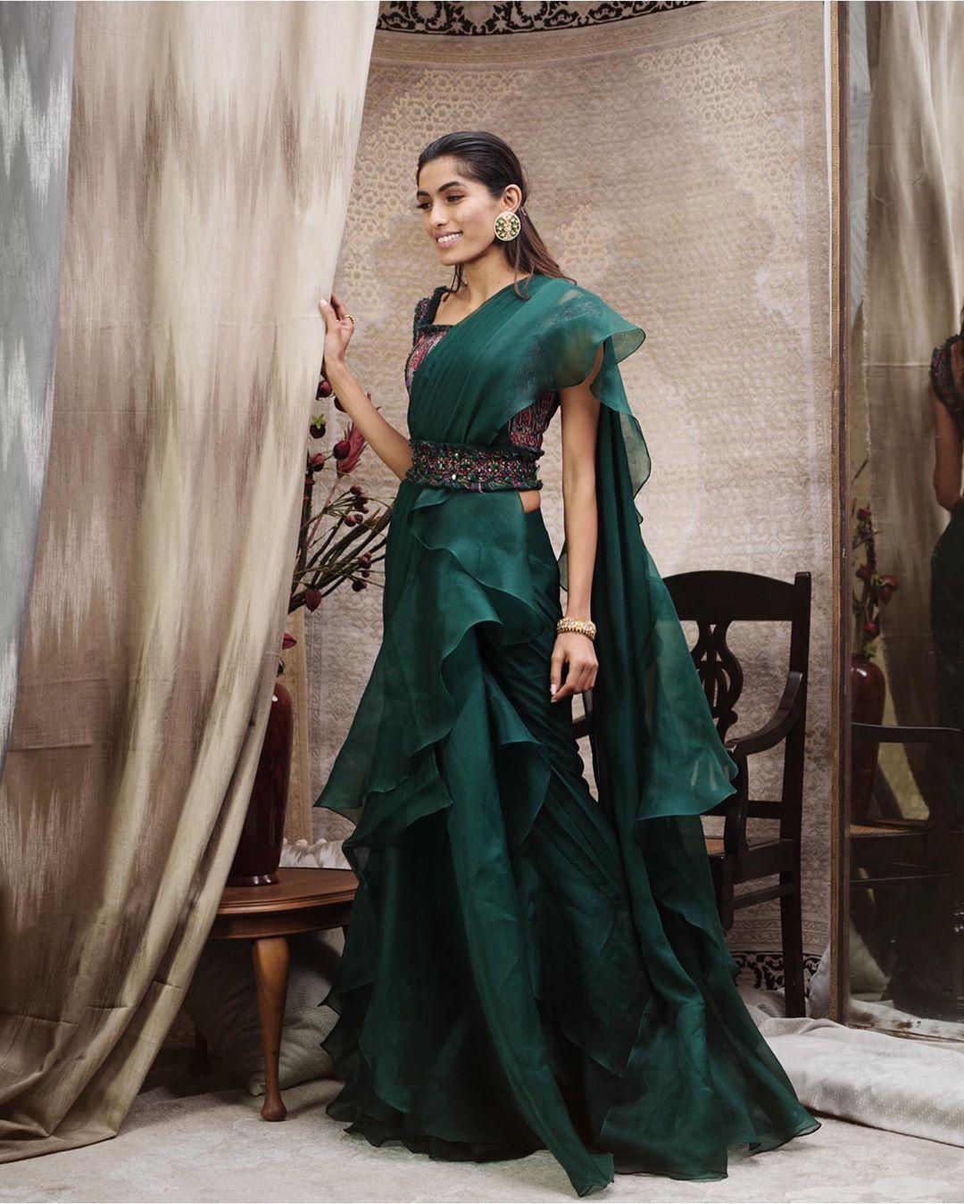 GREEN RUFFLE SAREE – VERVE & VOGUE