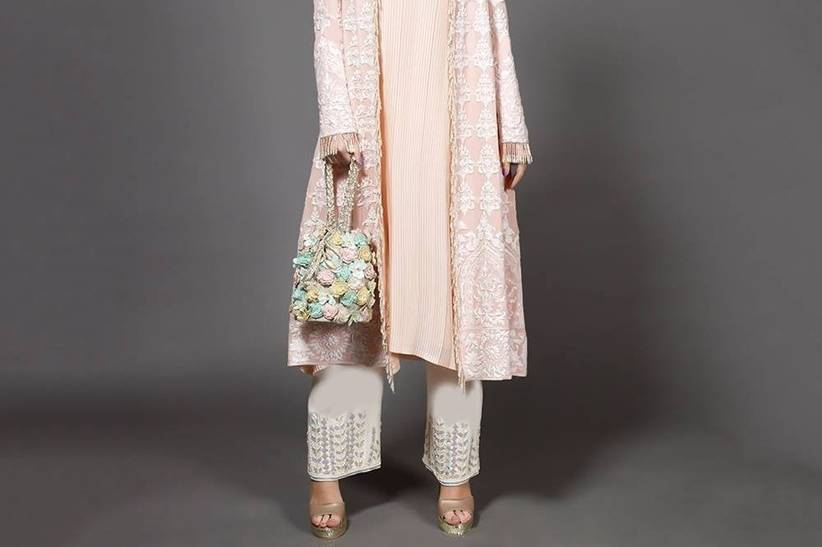 Printed Kurti and pant with Embroidered Tassar Jacket