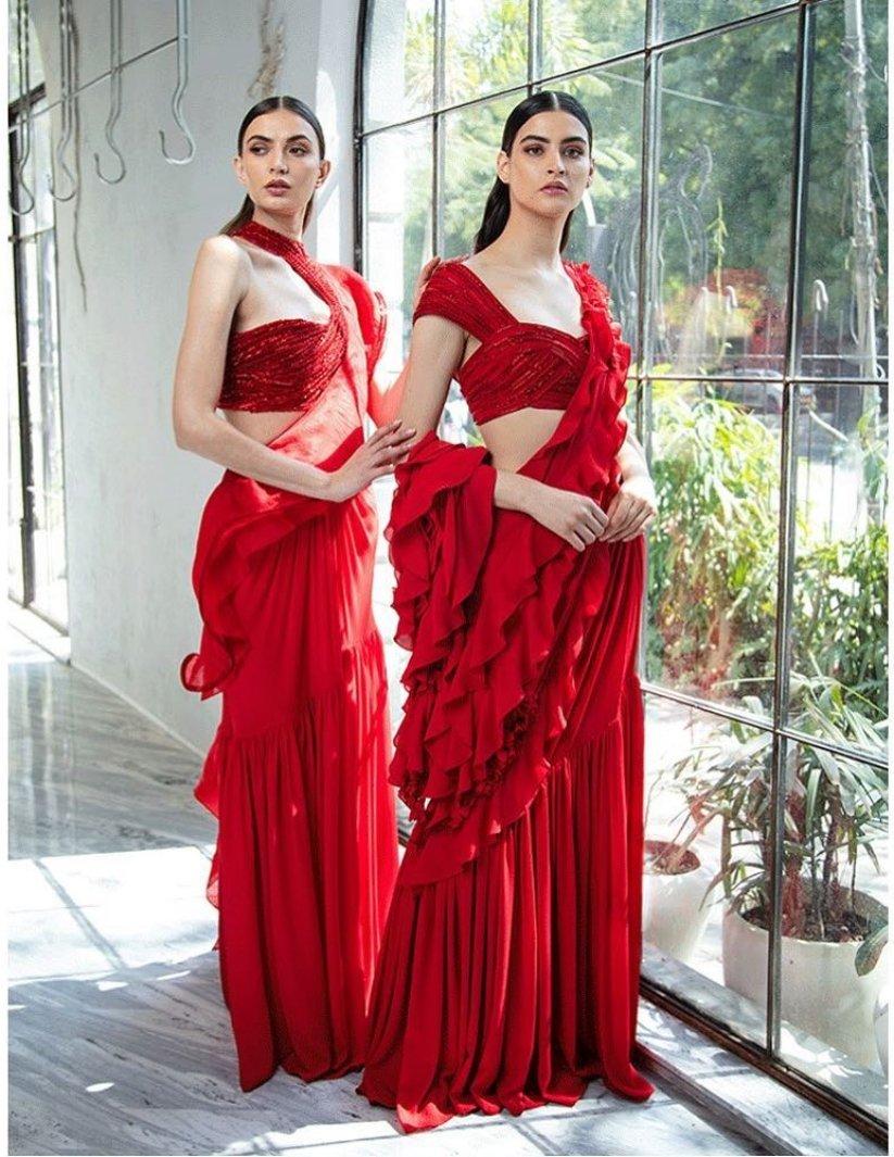 Ruffle saree set Design by Nidhika shekhar at Modvey | Modvey