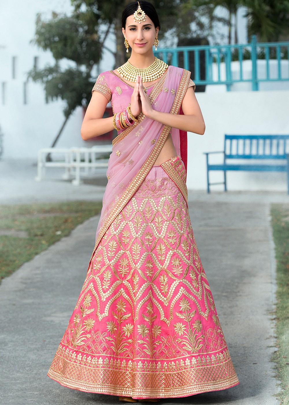 Buy Peach Georgette Embroidered Gota Patti Shagun Work Kurta Lehenga Set  For Women by Gulabo Jaipur Online at Aza Fashions.
