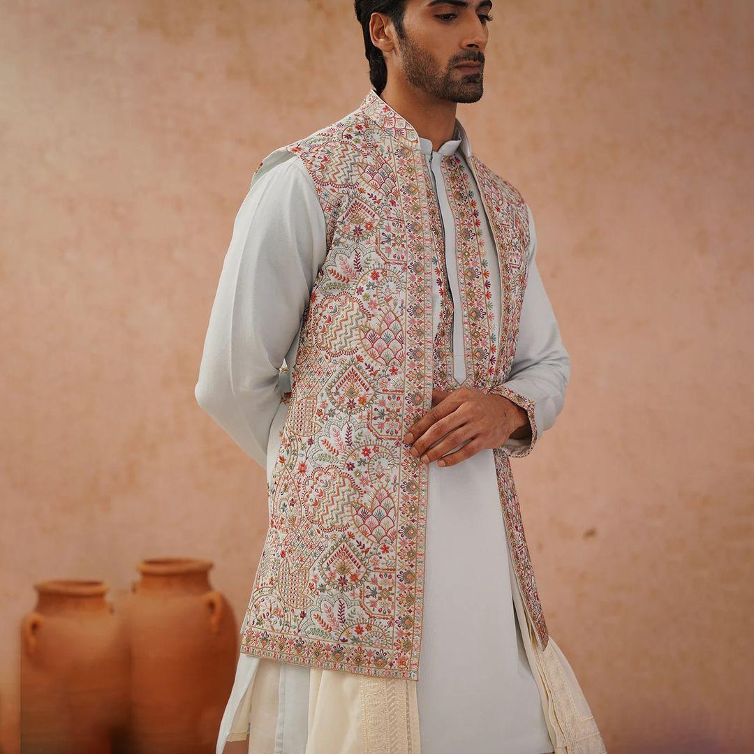 white kurta pajama with nehru jacket