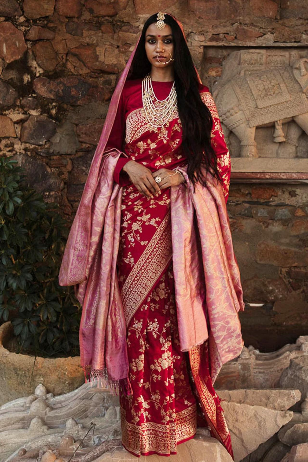 Embellished Bridal Red Saree Dress Pakistani #BS672 | Saree dress, Red saree,  Elegant attire