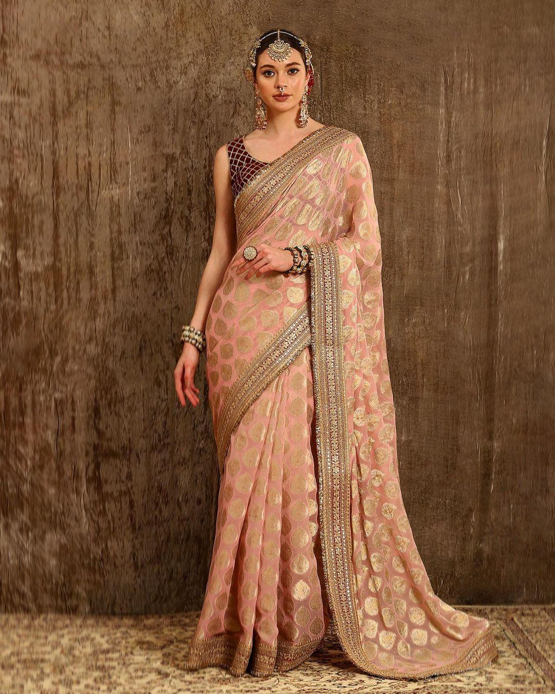 Engagement Pink Satin Crepe Pre-Stitched Saree | Ready To Wear Blouse