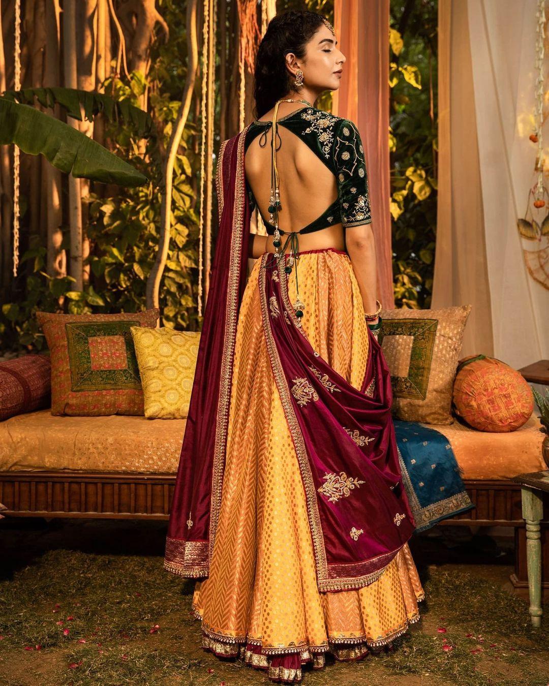 Buy Mustard Yellow and Green Patola Printed Dola Silk Lehenga