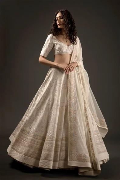 Buy Ivory Tulle And Chanderi Embroidery Silk Threads Zoe Bridal Lehenga Set  For Women by Mishru Online at Aza Fashions.