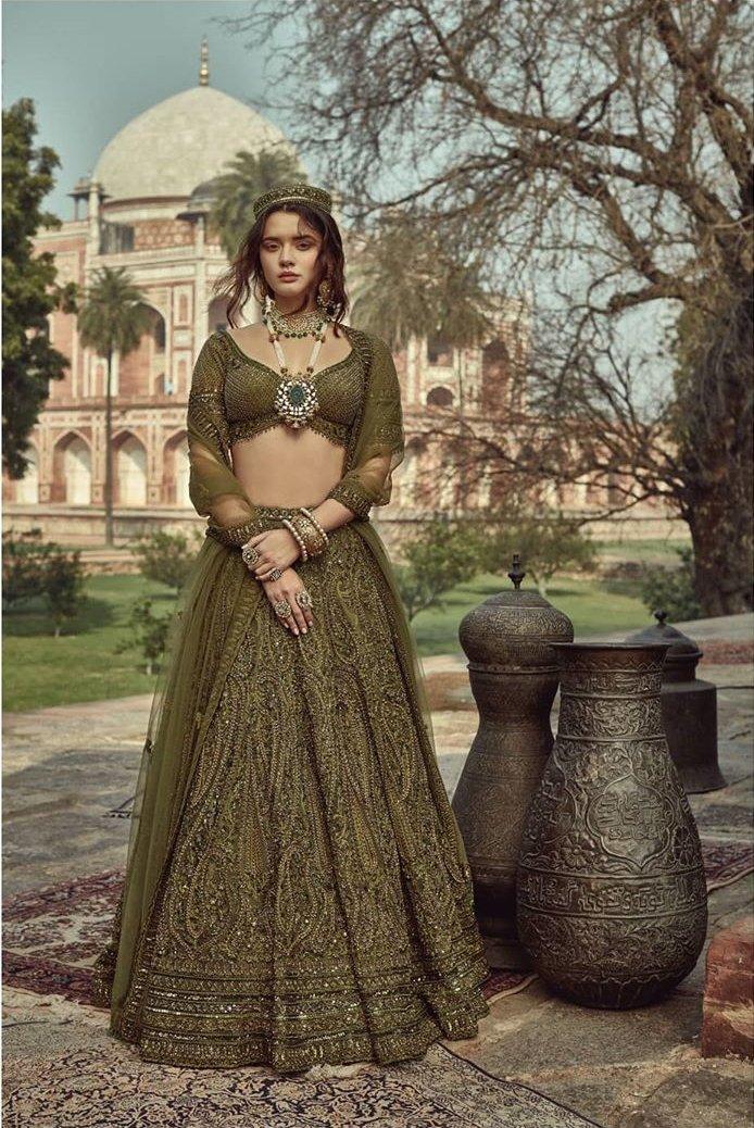 Buy Designer Sarees, Salwar Kameez, Kurtis & Tunic and Lehenga  Choli.Sightly Silk Dark Olive Green Lehenga Choli