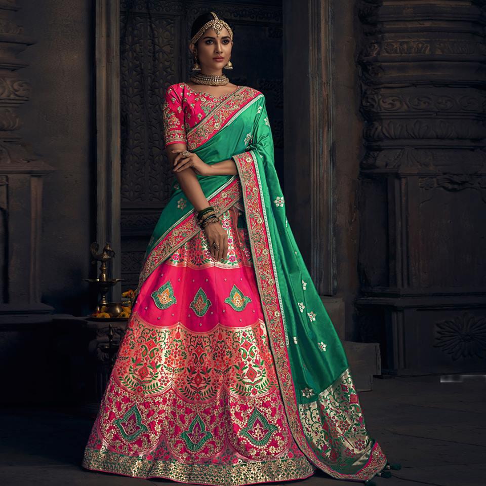 Buy Multi Coloured Brocade Lehenga With Bandhani Print And Heavy Mirror  Work On The Border KALKI Fashion India