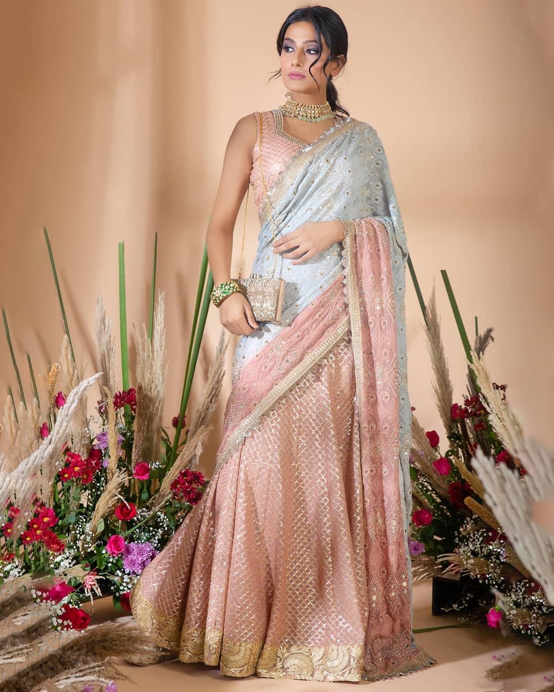 Designer Pink And Green Lahenga Saree Net Bridal Lehenga Saree – Lady India