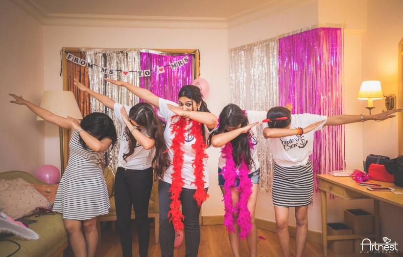 FRIENDS BACHELORETTE Party for Indian Bride-To-Be's | Wedding photography  poses bridal party, Bachelorette party room, Bachelorette party planning