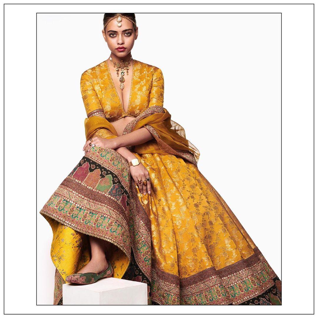 Buy Olive Green Brocade N Yellow Layered Lehenga Set Festive Wear Online at  Best Price | Cbazaar