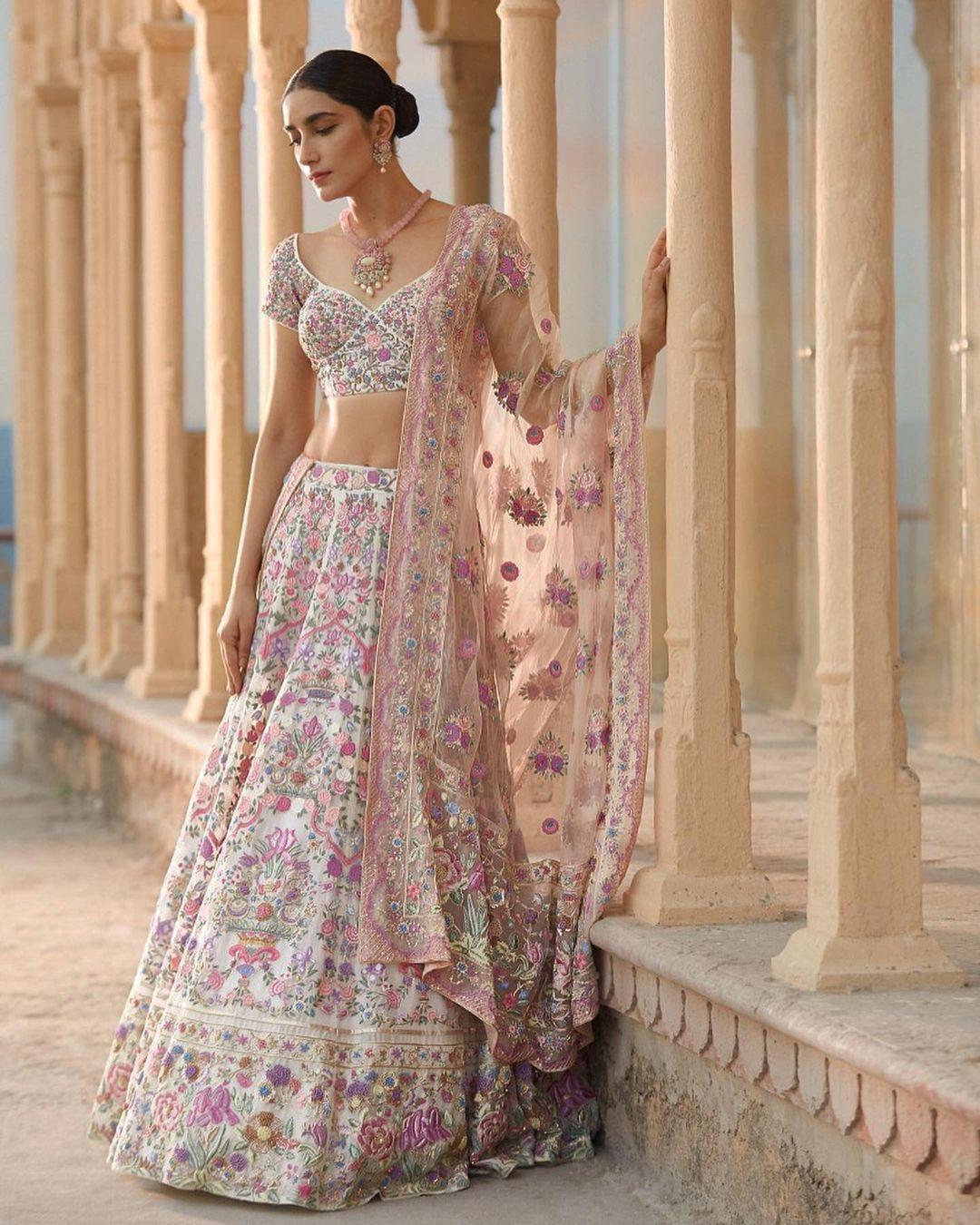 Embroidered Organza Lehenga in Pastel Green : LYC1364