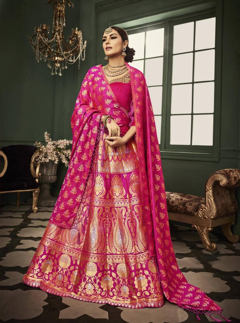 Hot Pink Handloom Pure Katan Silk Hand Embroidered Banarasi Lehenga Wi –  WeaverStory