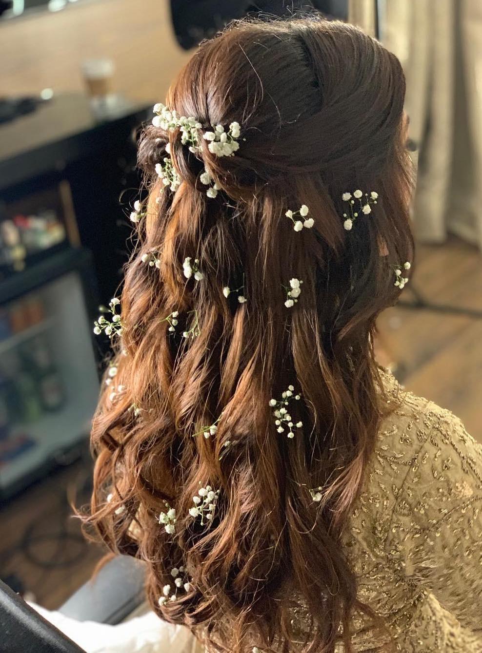 Wedding hair with spray roses and gypsophila  Wedding hairstyles  Bridesmaid hair gypsophila Bridesmaid hair side