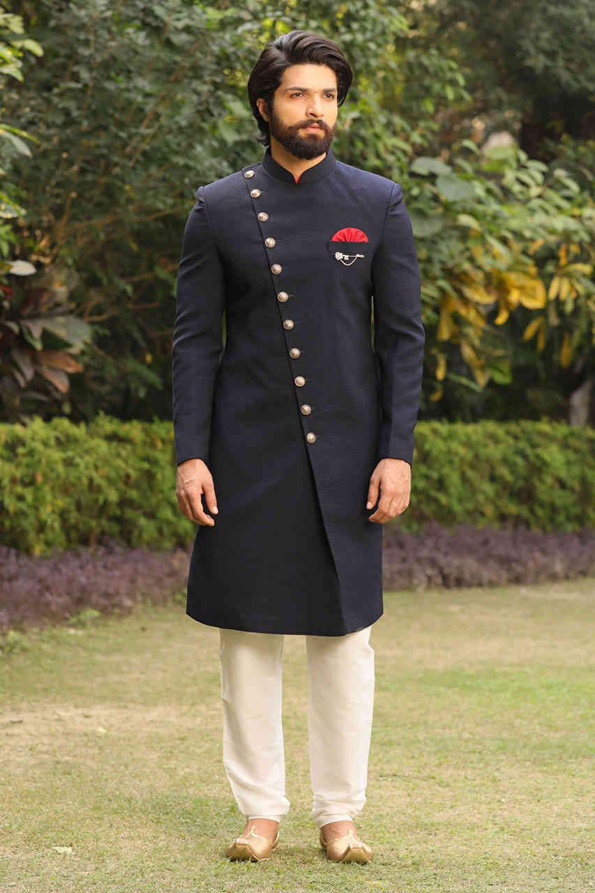 Black Color Jacquard Sangeet Wear Trendy Readymade Men Indo Western