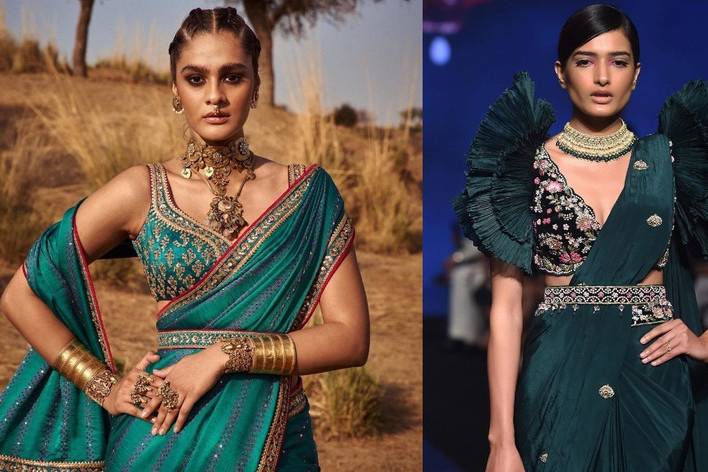 Cotton Silk Fabric Saree Blouse Set Bollywood New Pattern Women Wedding Wear Use 