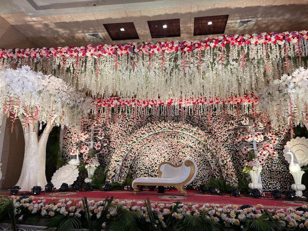 Pin by Reddy Flowers Decors on Stage backdrop  Wedding stage design  Wedding stage backdrop Stage decorations