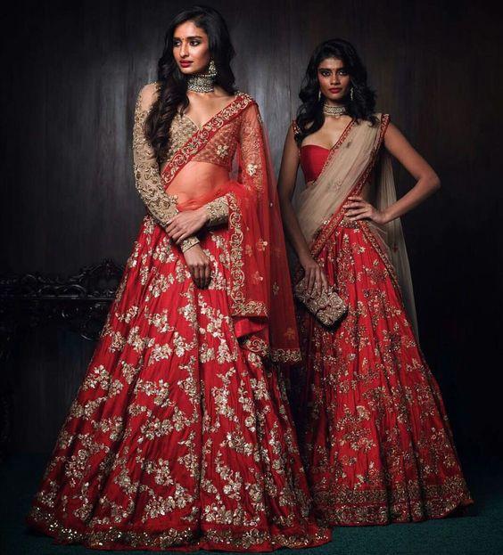 Astha Narang Red Sequins Lehenga With Gold Border | The Grand Trunk