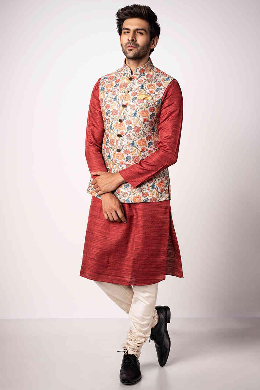 Buy Manyavar Red Woven Design Kurta Jacket Pyjama Online