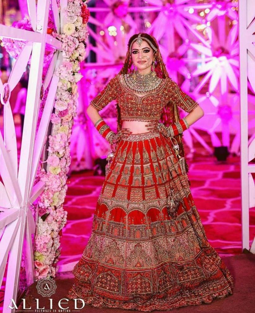 Red Color Raw Silk Material Zari And Resham Work Bridal Lehenga