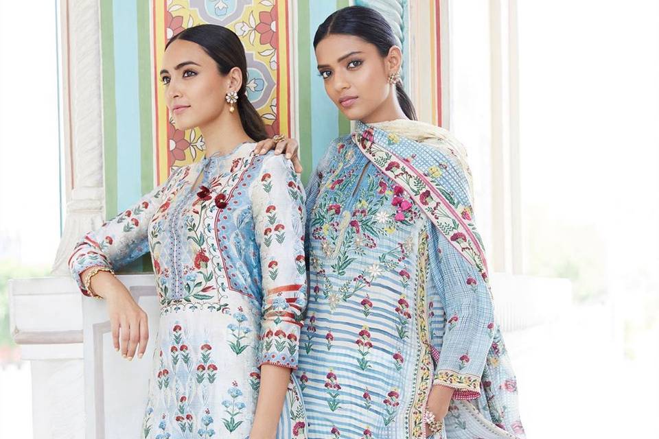 Women Floral Printed Cotton Naira Cut Kurti With Palazzo Dress Salwar  Kameez Set | eBay