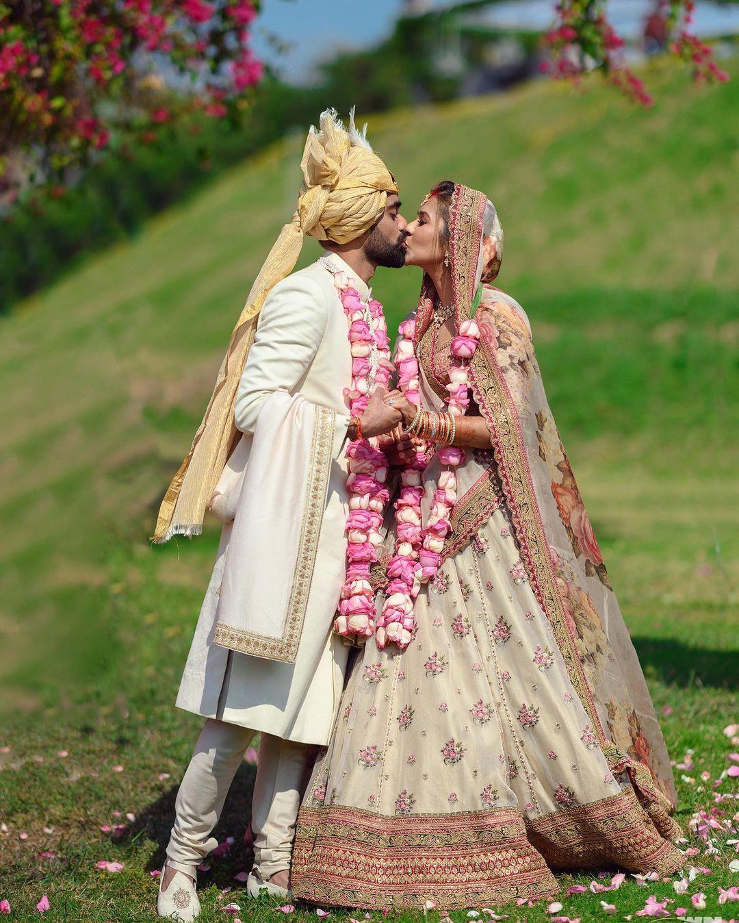 Beautiful couple portrait with pink lehenga |WedMeGood| Divya & Karan  |#wedmegood #i… | Engagement dress for groom, Engagement dress for bride, Couple  wedding dress