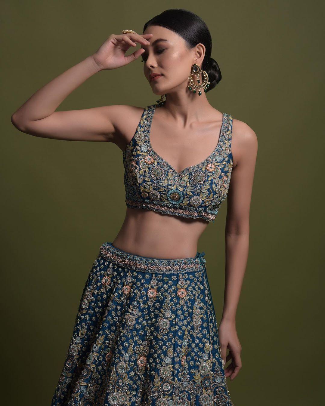 Pastel Blue Embroidered Blouse With White Plain Lehenga – LIBAS CAFE