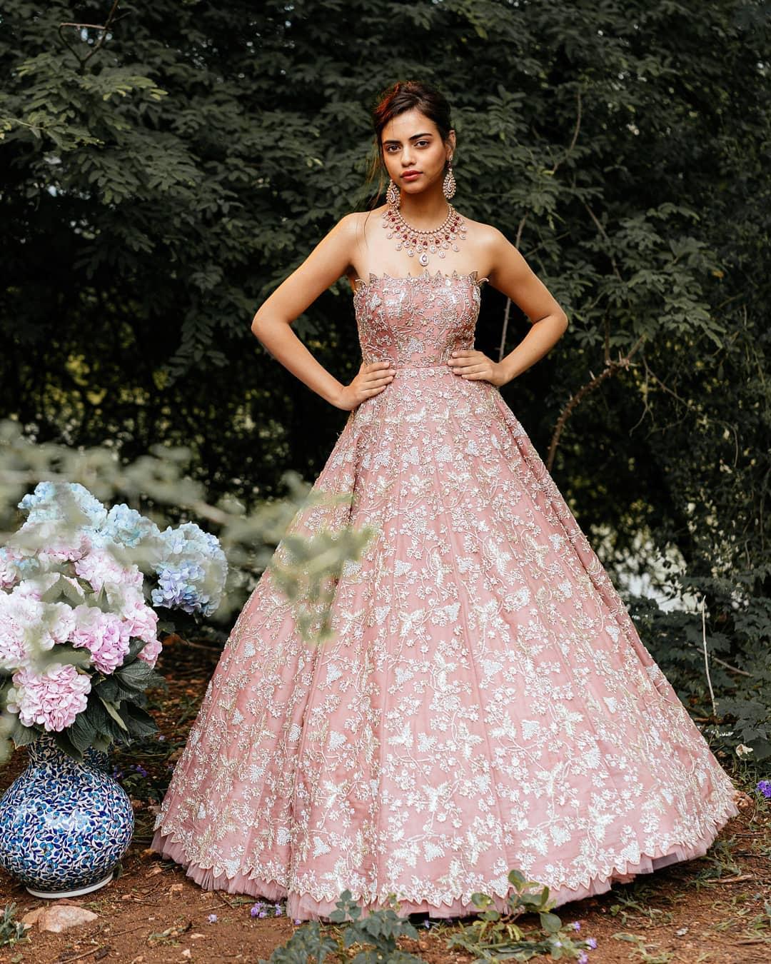 79485 indian bridal wear anushree reddy peach off shoulder gown