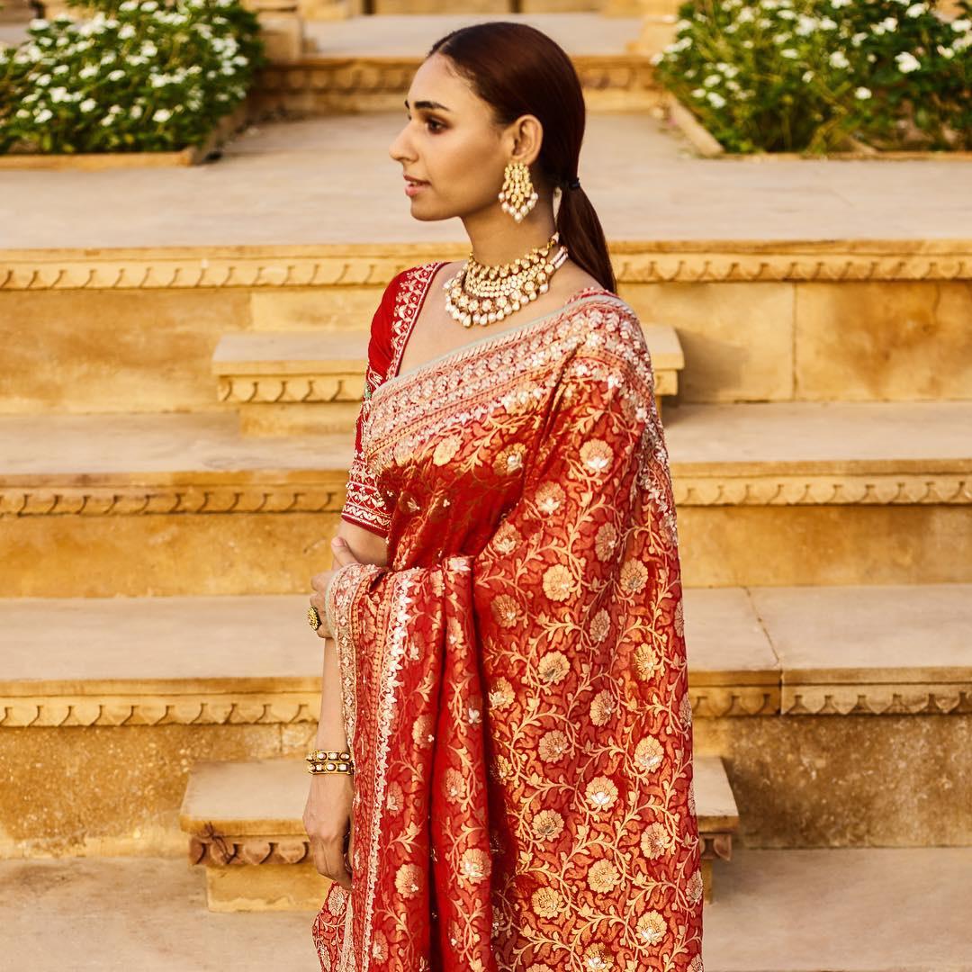 Buy Red Raw Silk And Organza Embroidery Thread V Neck Saree With Blouse For  Women by Supria Munjal Online at Aza Fashions.