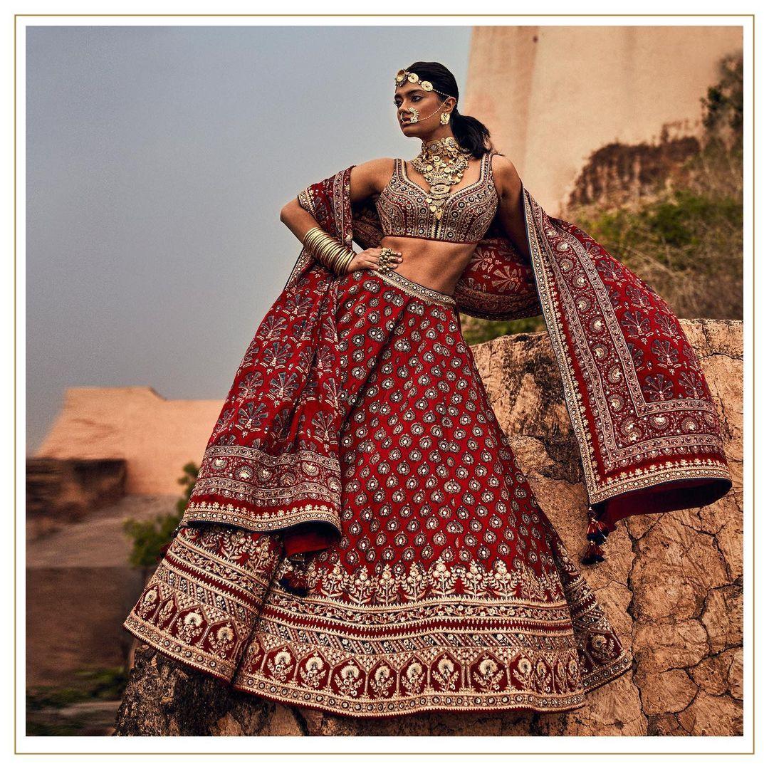Peach and Red Lehenga Dress - Desi Royale | Blouse designs silk, Fancy blouse  designs, Silk saree blouse designs