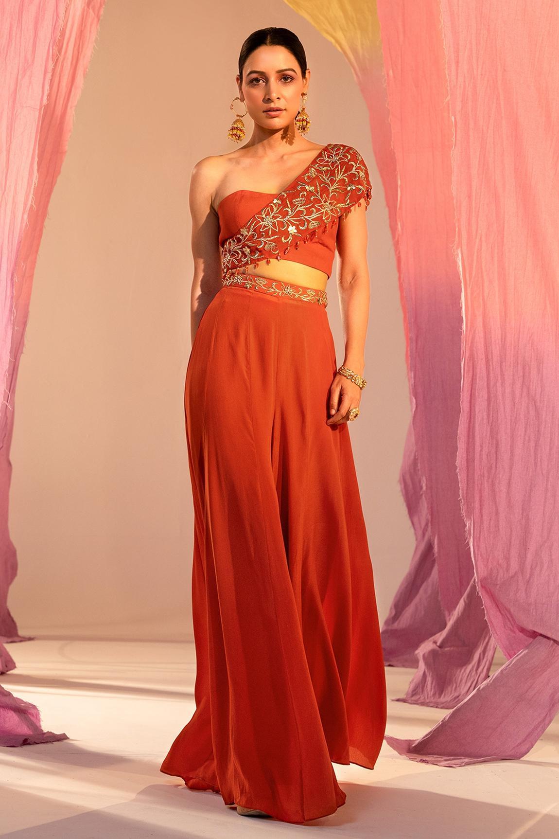 Shivani Awasty - Pink Silk Organza Sweetheart Neck Ruffled Gown For Women
