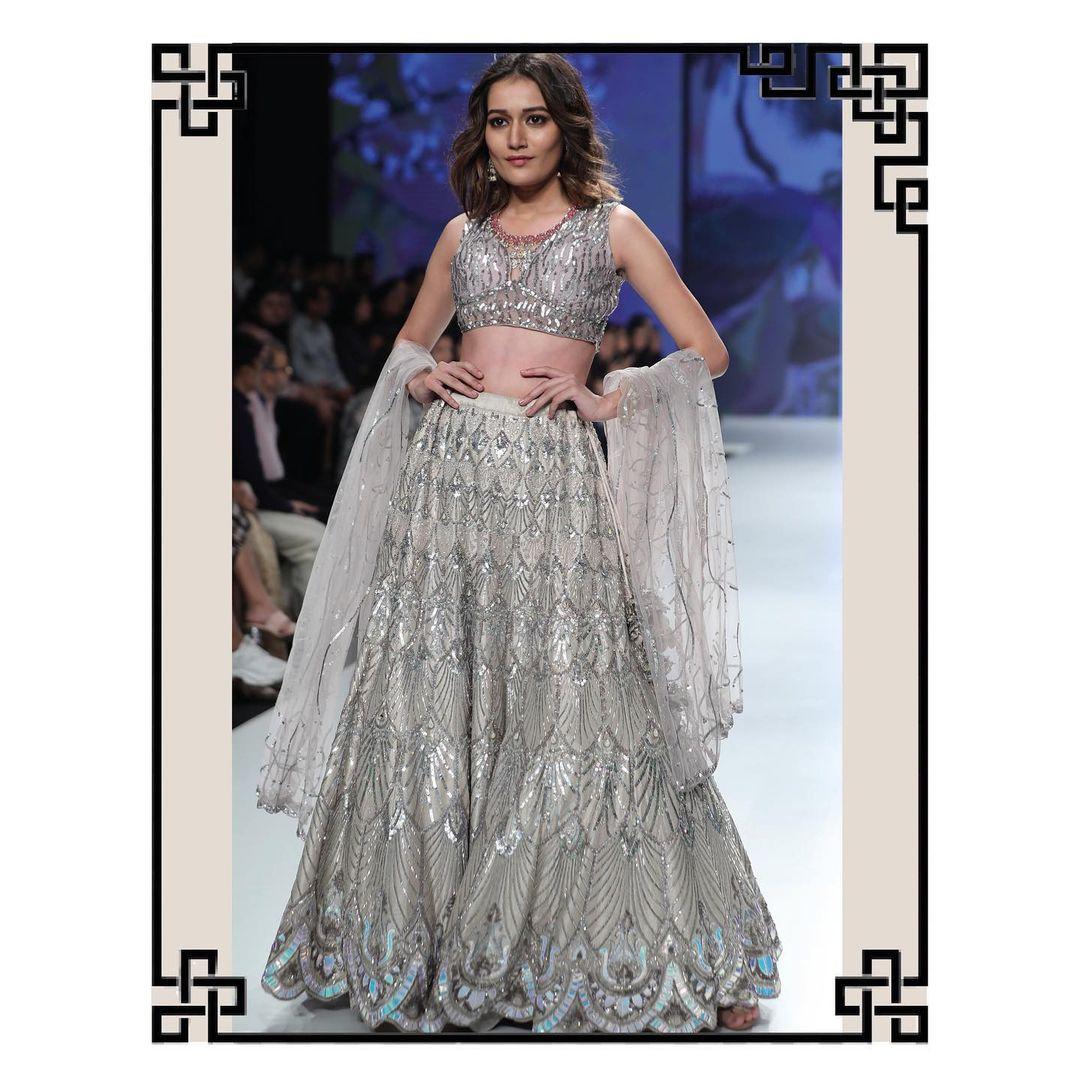 Dusty Grey Embroidered Lehenga Set with Cold Shoulder Blouse & Silver  Details - Seasons India