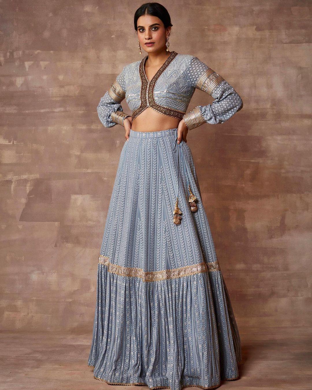 Buy Blue Lehenga And Blouse- Georgette & Dupatta Work Stripe Pattern Set  For Women by Vvani by Vani Vats Online at Aza Fashions.