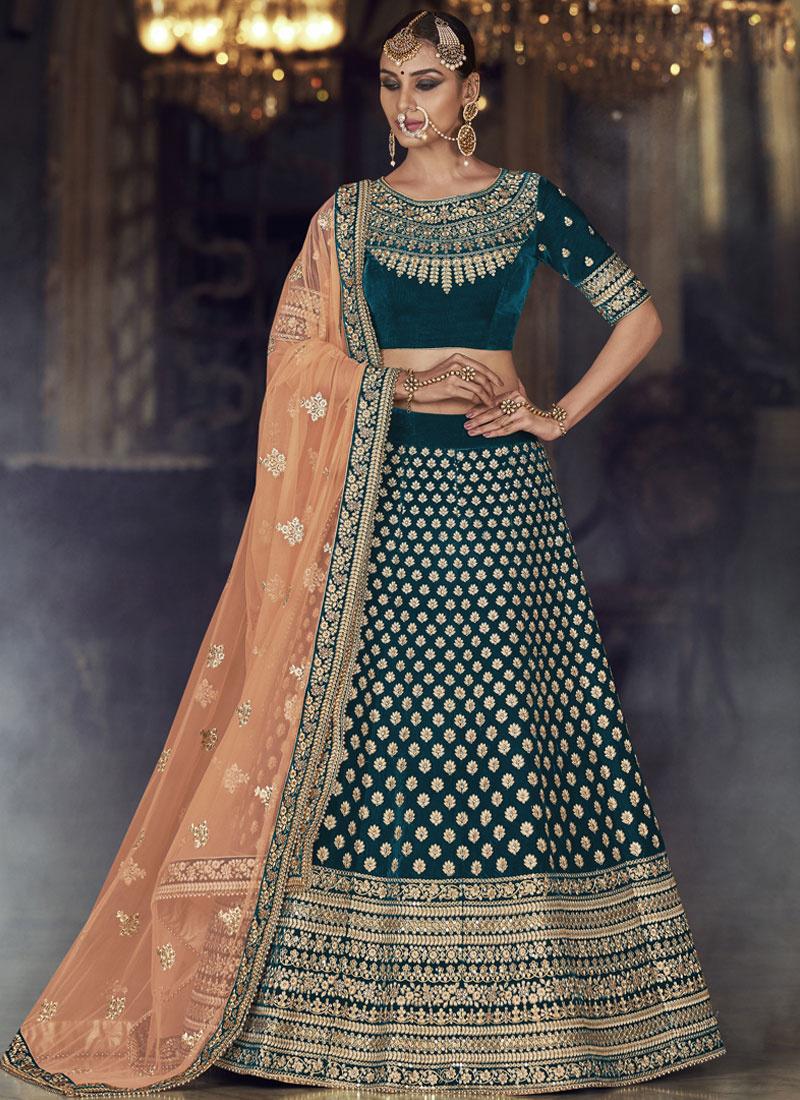 Velvet Resham Lehenga Choli in Navy Blue