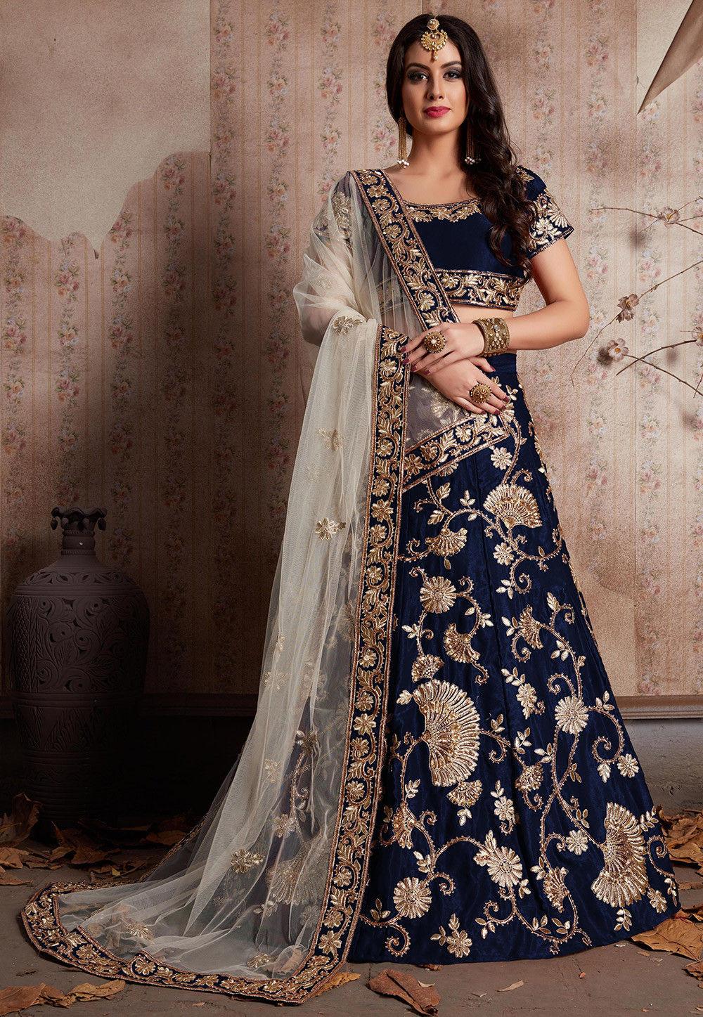 Embroidered Net Lehenga in Shaded Beige and Blue : LCC758