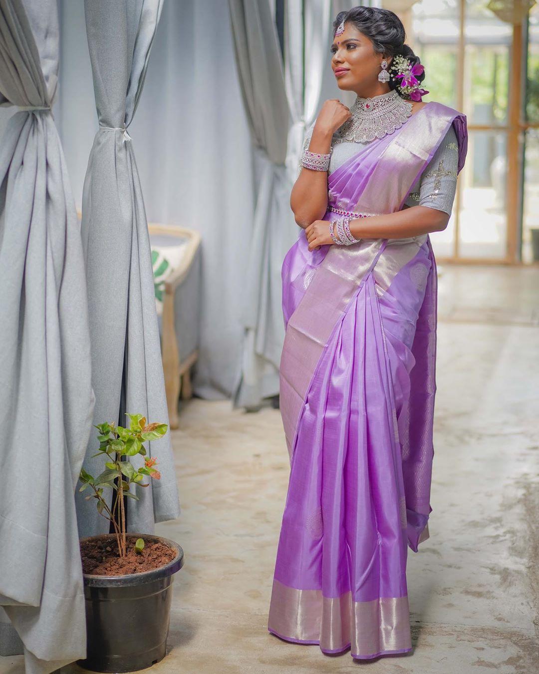 Embroidered Georgette Shimmer Saree in Light Purple – Common Kiwi