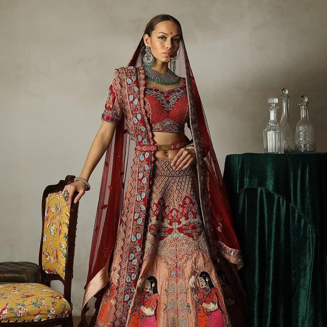 Indian Modern Bridal Outfit: Red shaded Zardozi Lehenga Choli – B Anu  Designs