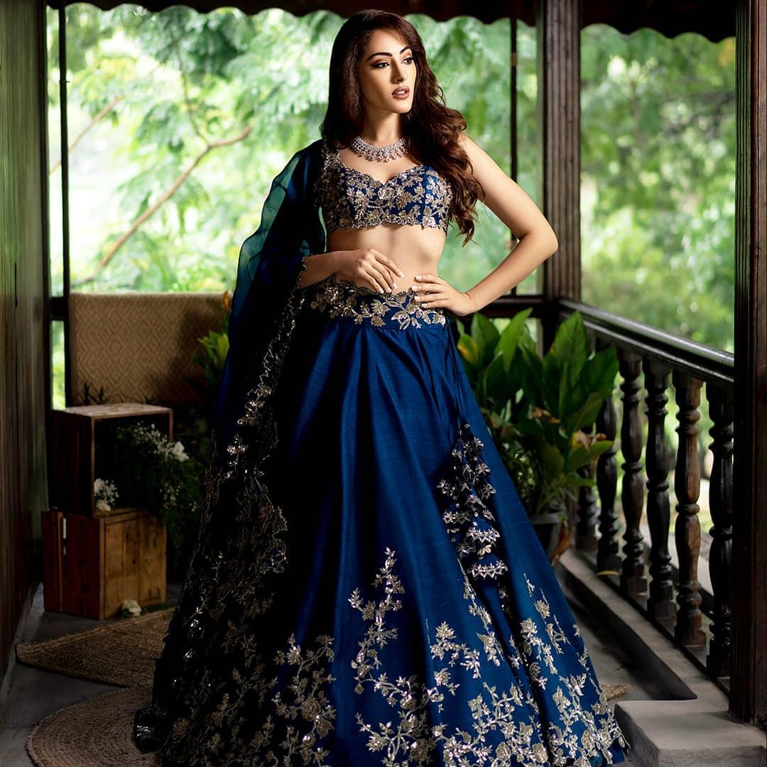 DESIGNER NAVY BLUE WITH FIROZI COLOUR COMBINATION LEHENGA WITH GOLD ZA –  zelxafashion