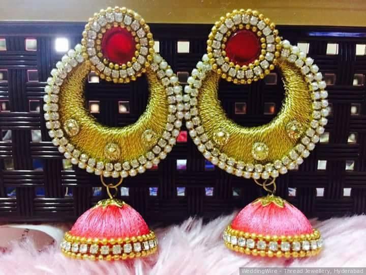 Yaalz Silk Thread Big Stud Jhumka Earrings With Kundan Work In White &