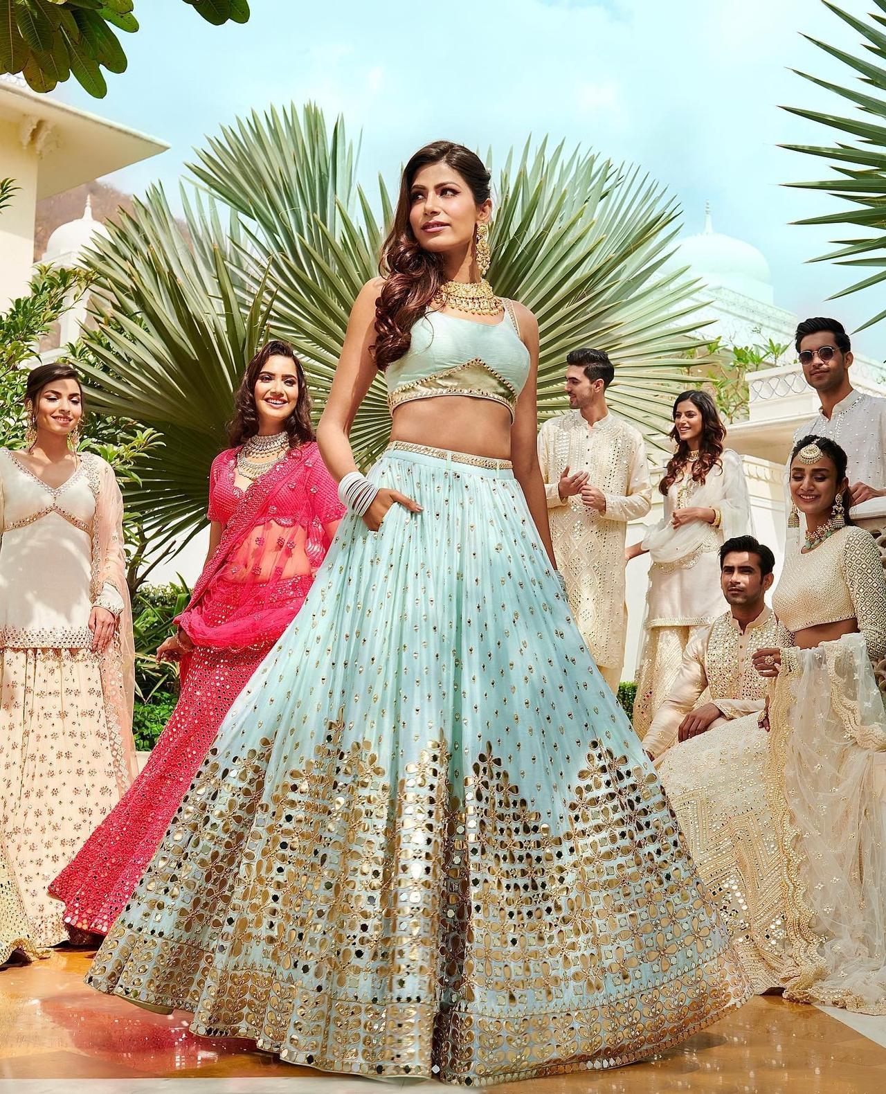 Buy Sky Blue Stonework Net Semi Stitched Lehenga - Koskii