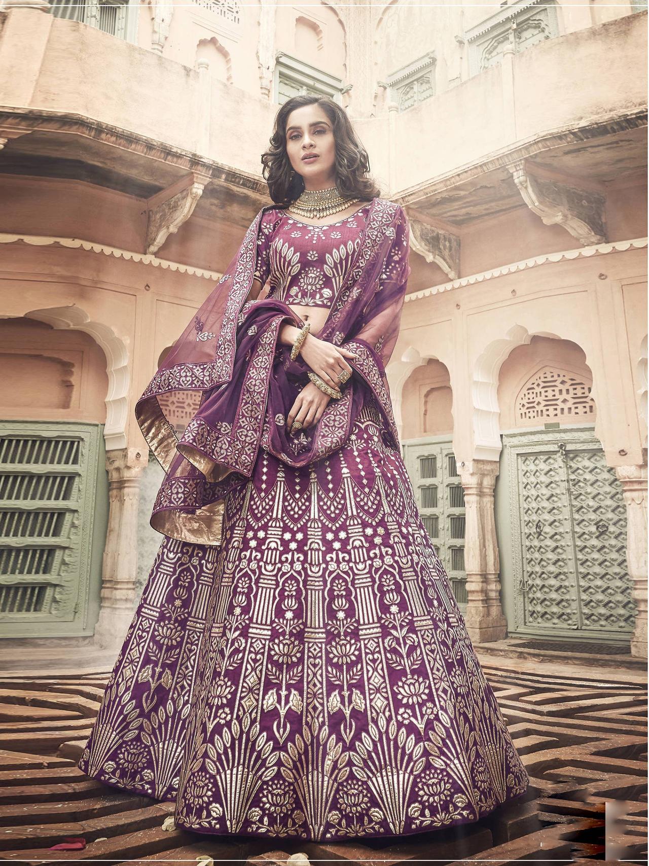 Buy Mirror Embroidery Lavender Georgette Lehenga Set Online