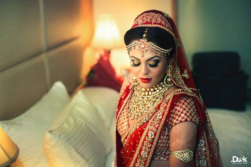 Photo of Makeup with yellow and red lehenga with dupatta