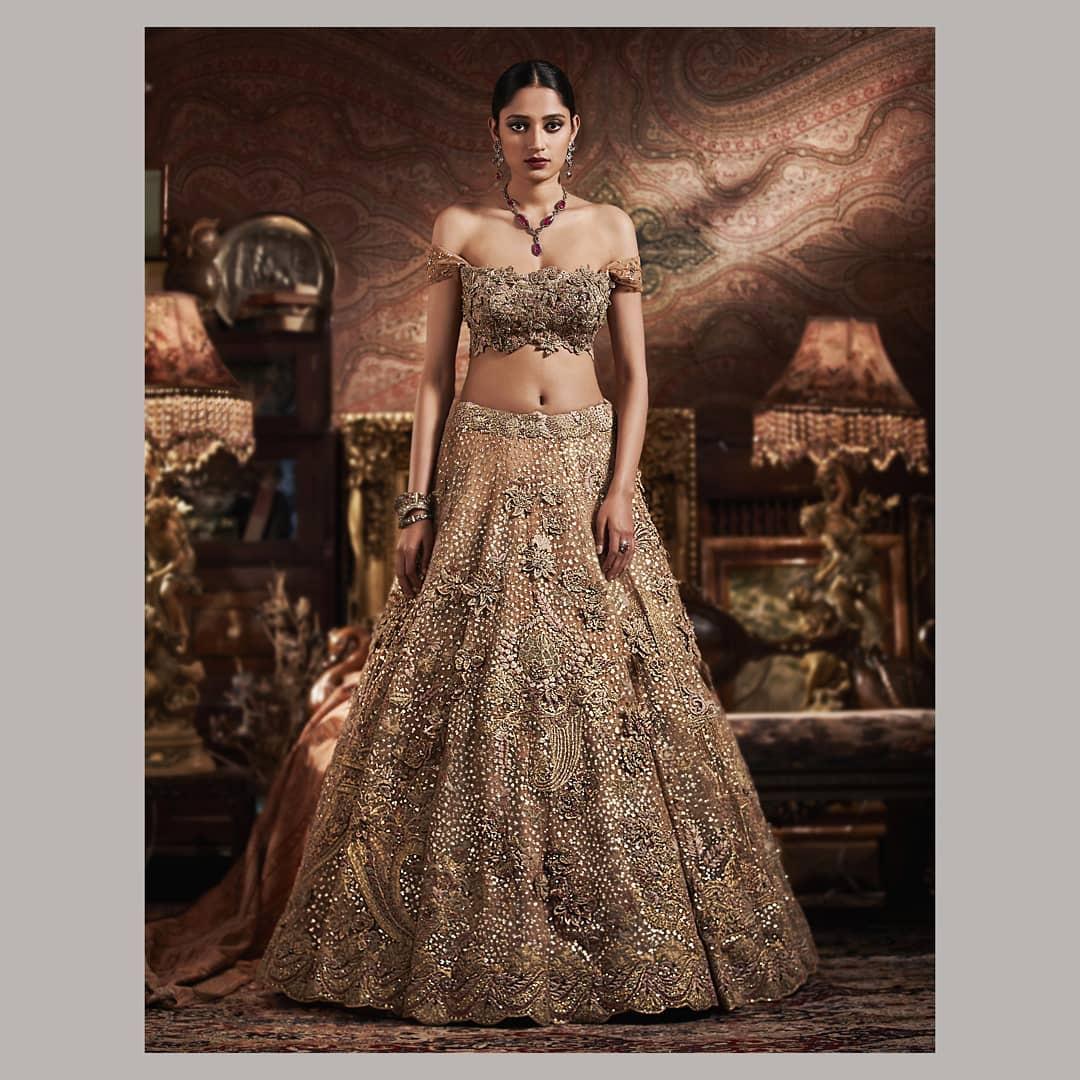 Indian Bridal Wear - Champagne Long Trailed Lehenga with 3D Embroidery – B  Anu Designs