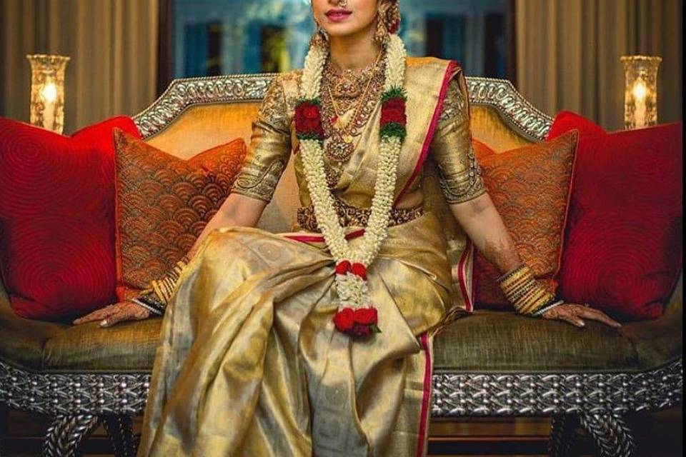 Wedding Saree Women, Golden Saree Bride