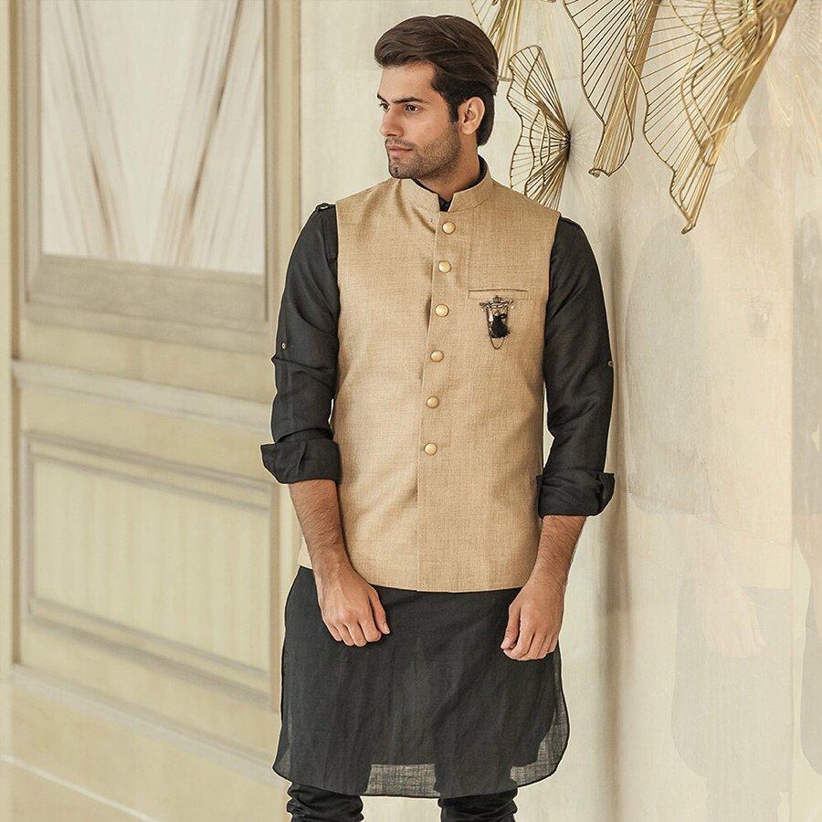 Buy Biscuit Pastel Printed Kurta Jacket Set Online in Canada @Manyavar - Kurta  Jacket Set for Men