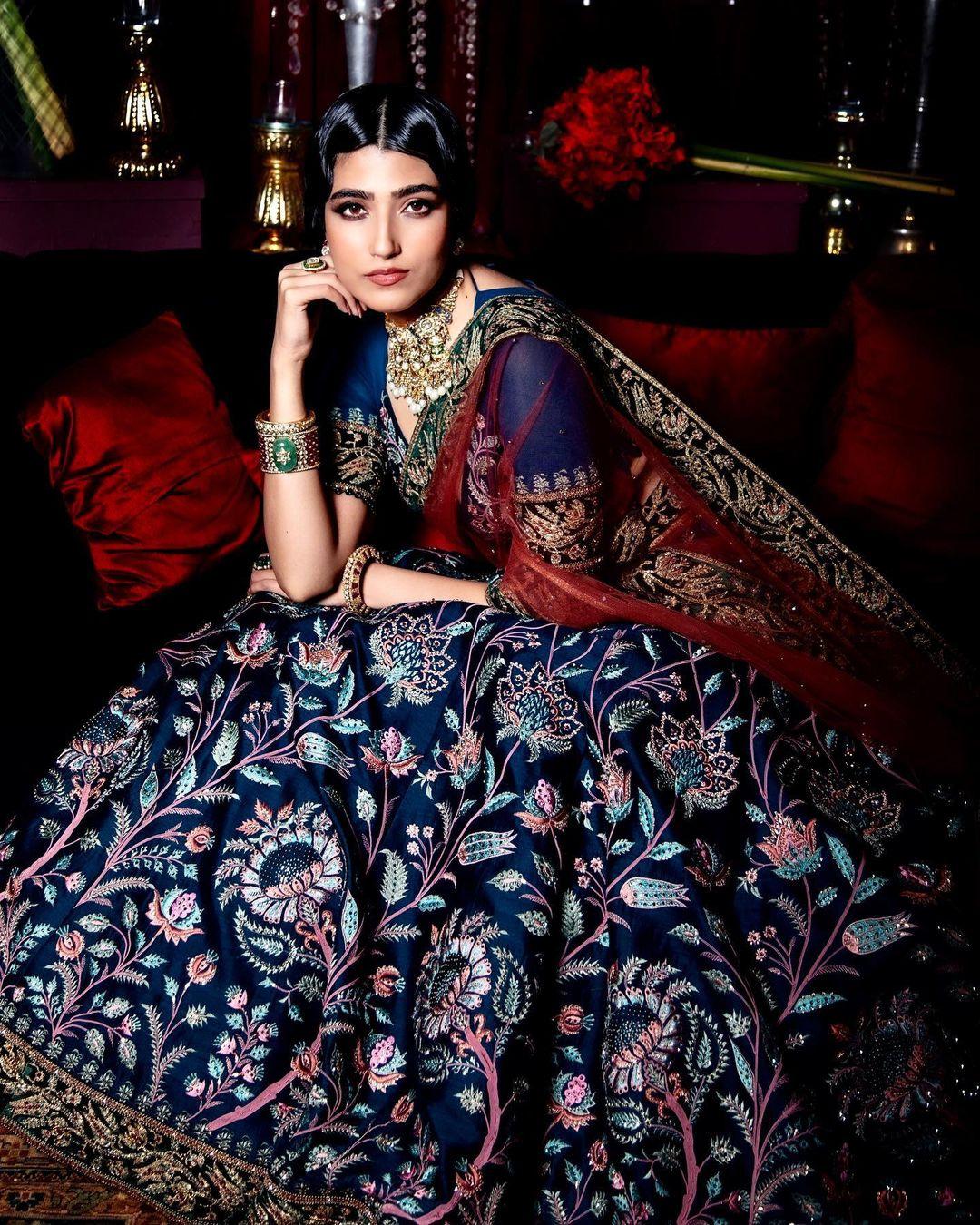 Navy blue and shop red bridal lehenga